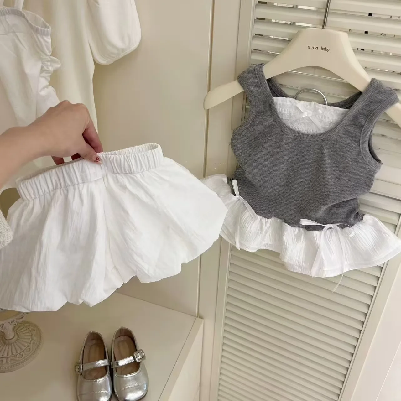 Girls Clothes Set Summer New Children's Lace Splicing Tank Top Flower Bud Shorts Two Piece Set Kids Outfits