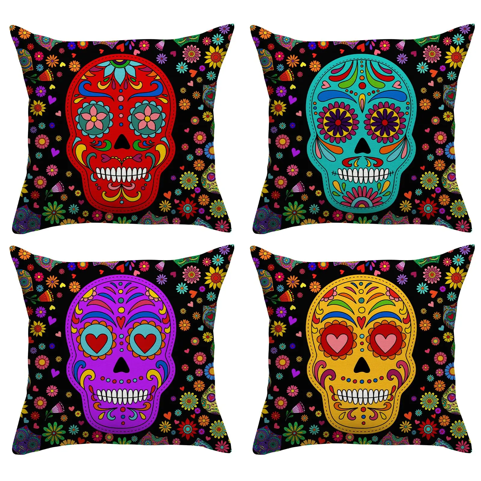 

Dia De Los Muertos Sugar Skull Flower Cat Throw Pillow Covers Set of 4 Day of The Dead Pillow Case Mexican Fiesta Party Decor
