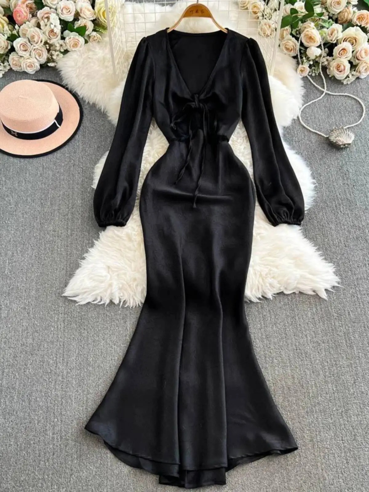 BabYoung 블랙 새틴 섹시한 v 넥 프랑스 연예인 드레스 여성 드레스 로얄 자매 스타일 긴 가운