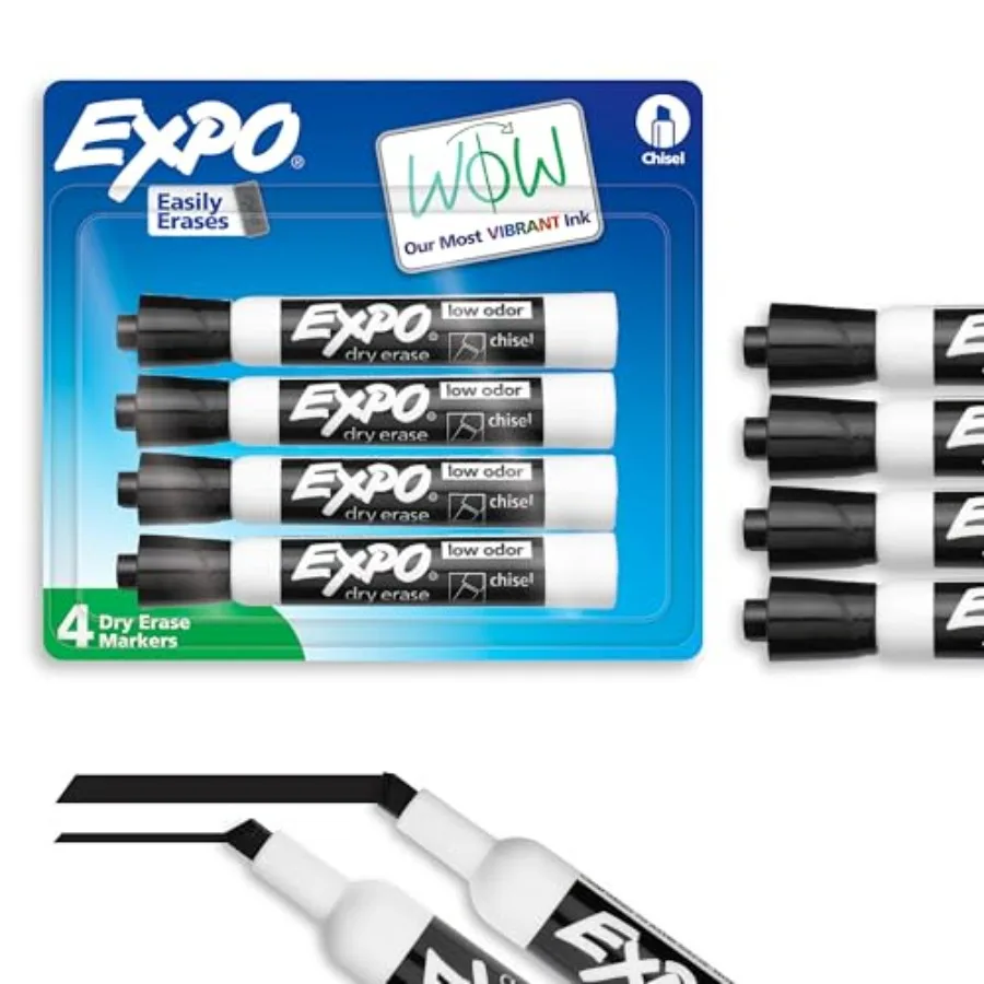 Dry Erase Markers, Low Odor Ink, Black, Chisel Tip, 4 Count - Whiteboard, Calendar, Organization, Essential Supplies for Office