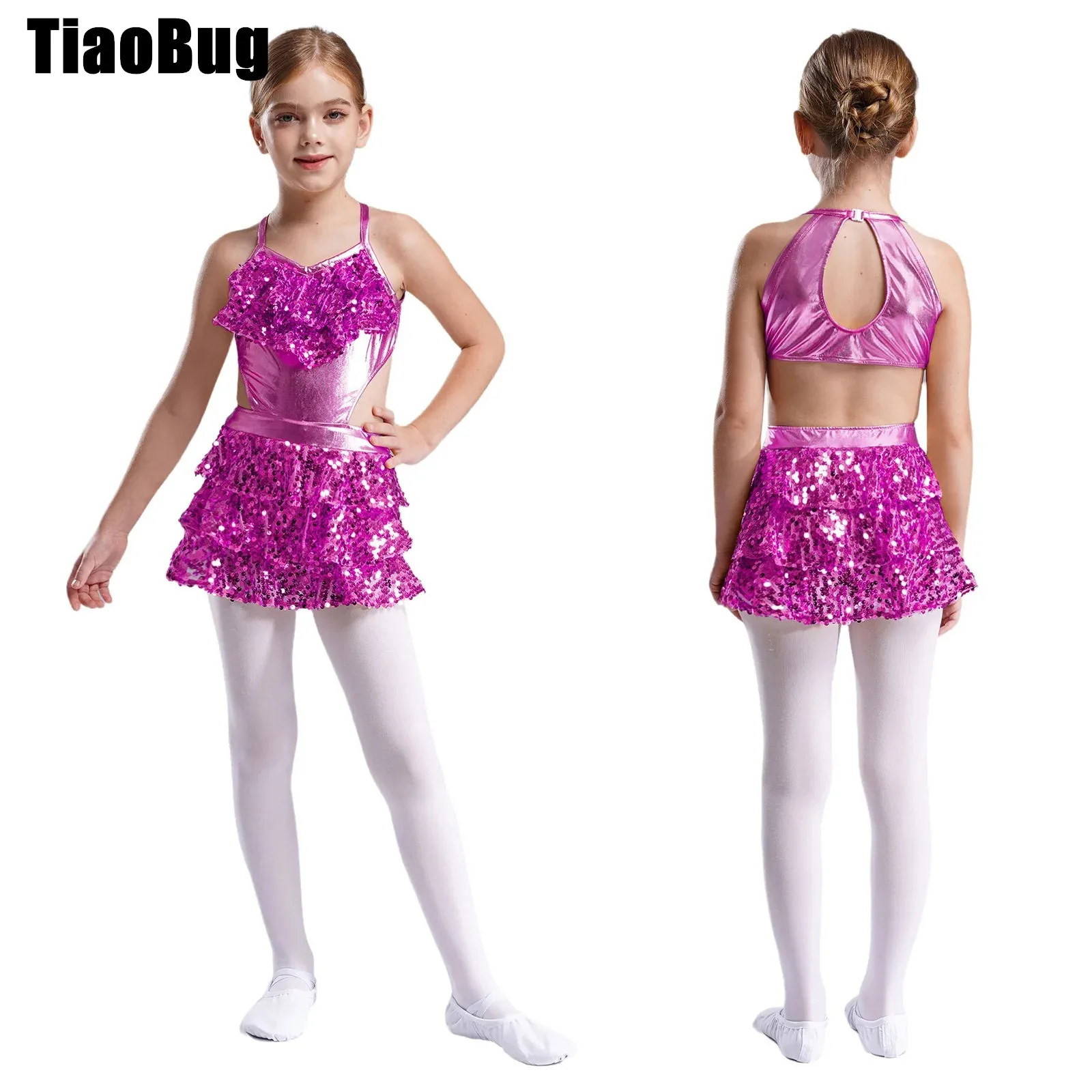 

Kids Girls Sequins Dance Dress Tiered Ruffle V Neck Sleeveless Cutout Metallic Dress Stage Performance Costume
