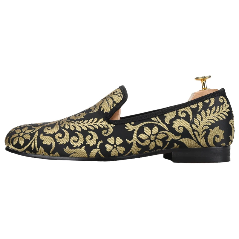 Piergitar Palace Baroque Style Gold Totem Jacquard Silk Men's Loafers Wedding And Party Formal Suit Perfect Smoking Slippers