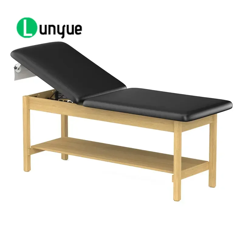Durable Wooden Medical Examination Bed with Flat Bottom and Adjustable Top Full Frame Manual Recovery Treatment Table for Leg