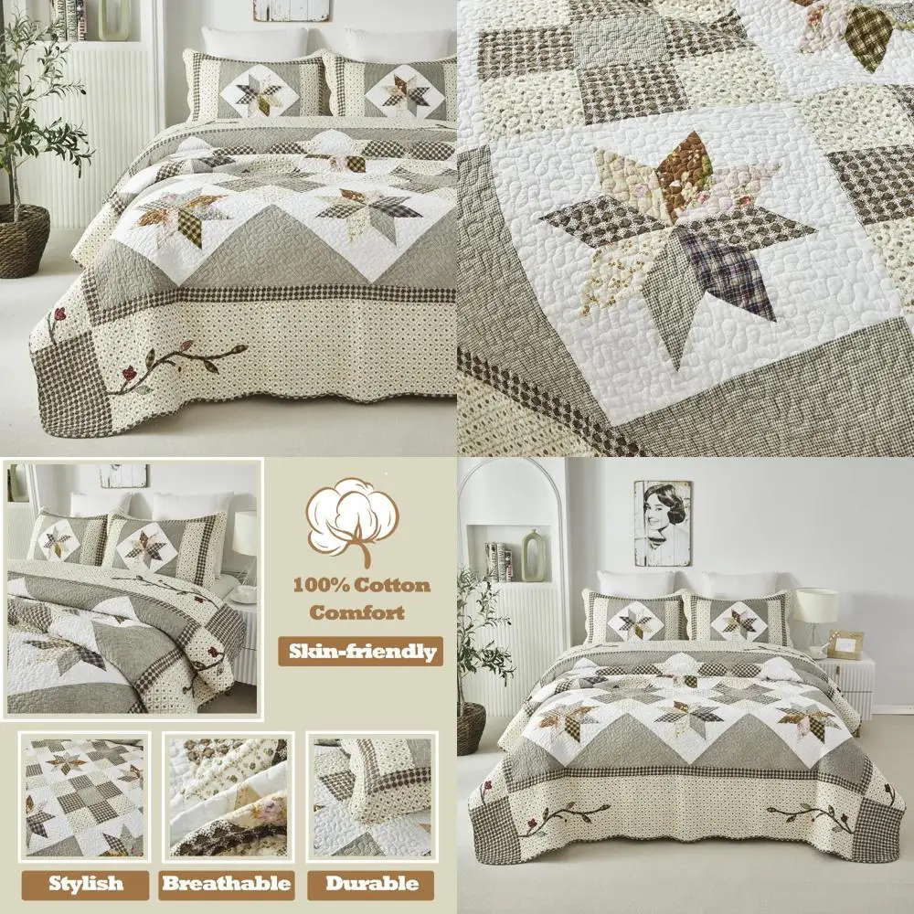 

Luxury King Size Patchwork Quilt Set in Vintage Style with Cotton Farmhouse Comforter and Bedding