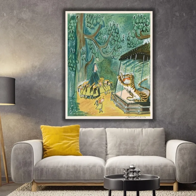 Vintage Canvas Wall Art Cartoon Forest Scene Girls Visiting Caged Tiger Whimsical Retro Home Wall Print Unframed Canvas Poster