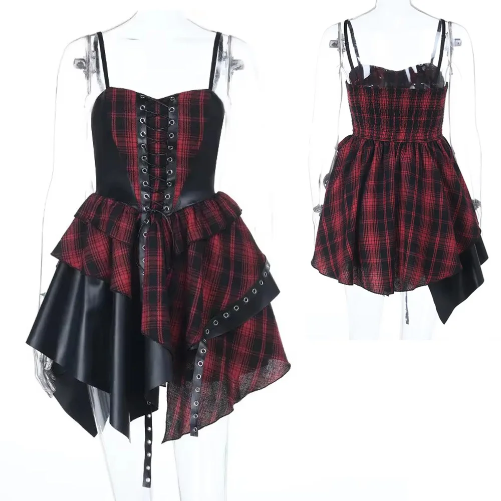 Retro Plaid Black Gothic Dress for Women 2026 Summer Fashion Asymmetrical Strapless Sexy Drawstring Bandage Party Club Dresses