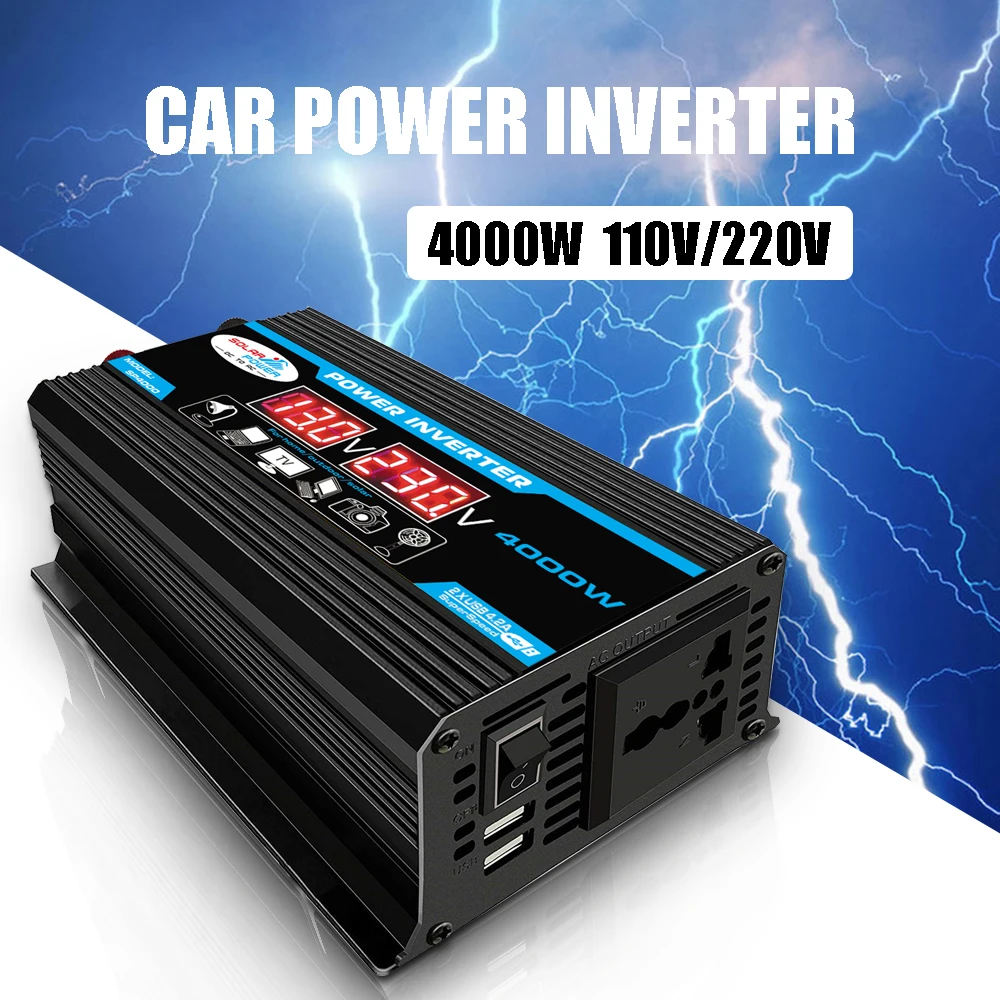 

12V to 220V/110V Car Power Inverter LED Display 4000W Converter Charger Adapter Multiple Protection Dual USB Voltage Transformer
