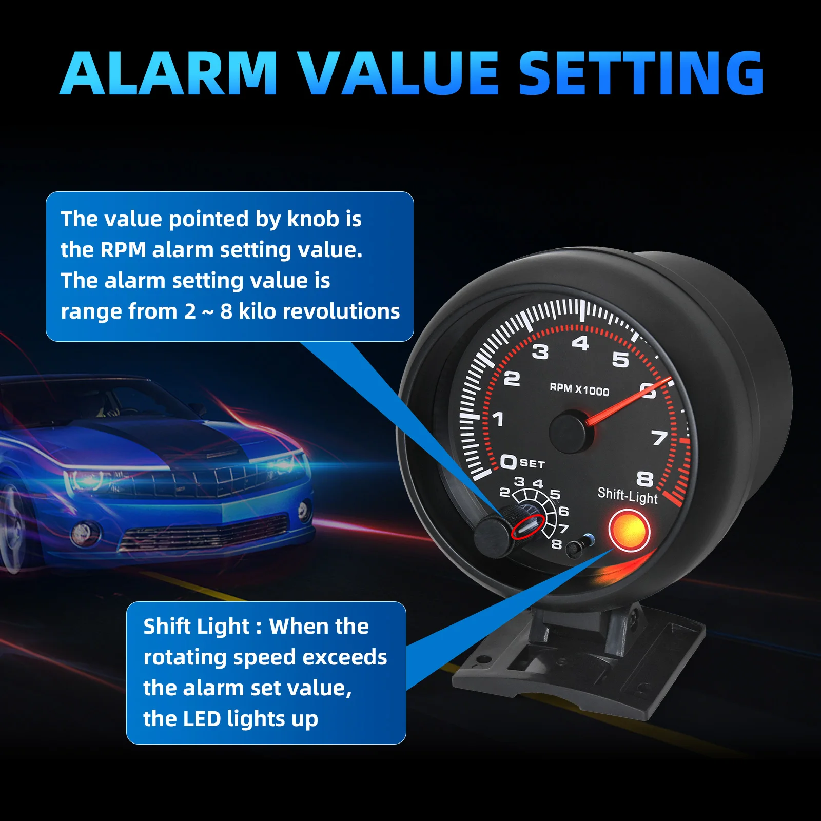 

1-8 Cylinders RPM Tachometer 0~8000RPM Car Meter Gauge With Shift-Light Tachometer Car Gauge For Petrol Engines 12V Car Vehicle