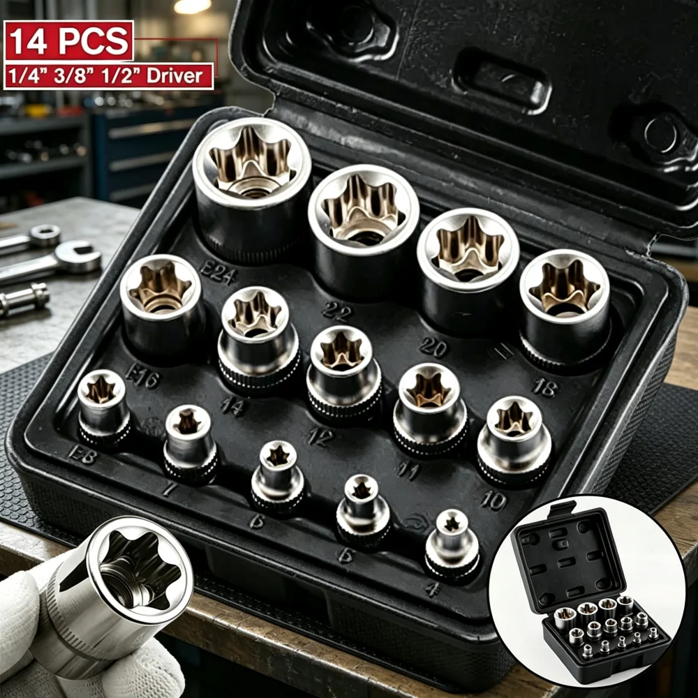 14PCS Female E Star Torx Socket Set E4-E24 E-Torx External Hex Socket Insert Nut