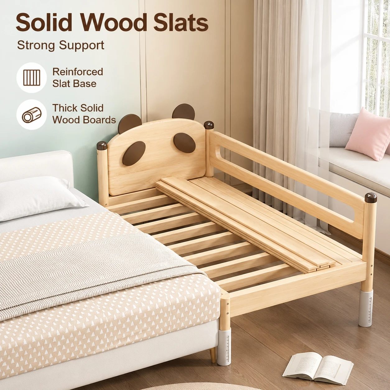 Solid Wood Kids Bedside Splicing Bed with Guardrail Toddler Bed Frame Height Adjustable with Mattress for Boys Girls