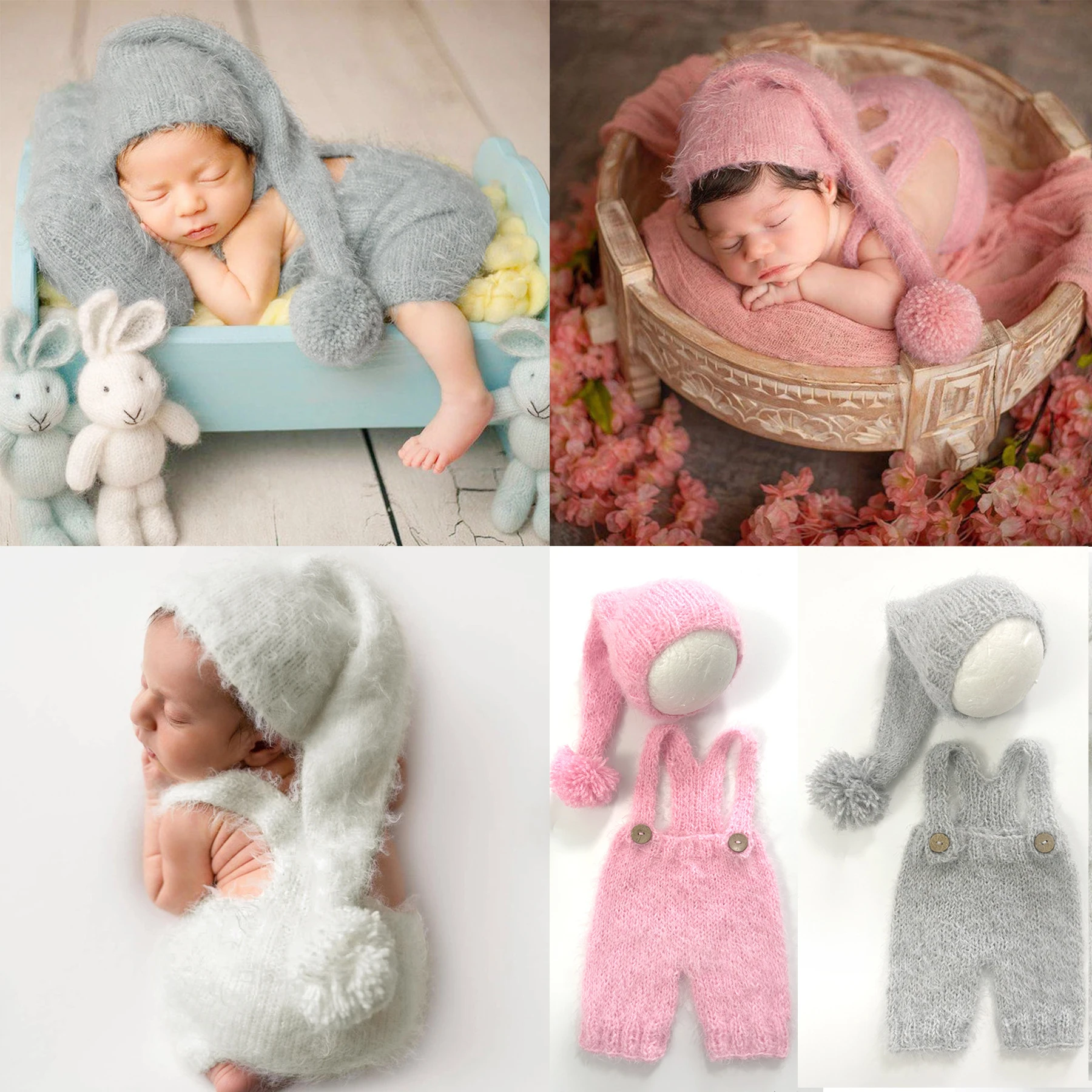 0-1 Month Newborn Photography Outfit Knitted Long Cap Mohair Baby Romper Jumpsuit and Hat Photo Shoot Props