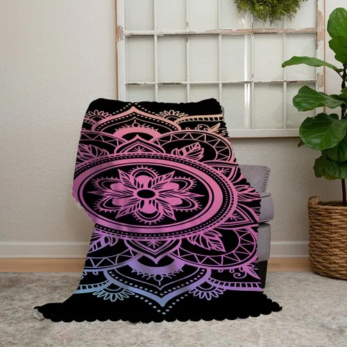 Realhomes Black Ground Pink Blue Mandala Pattern Special Design Chenille Sofa Throw