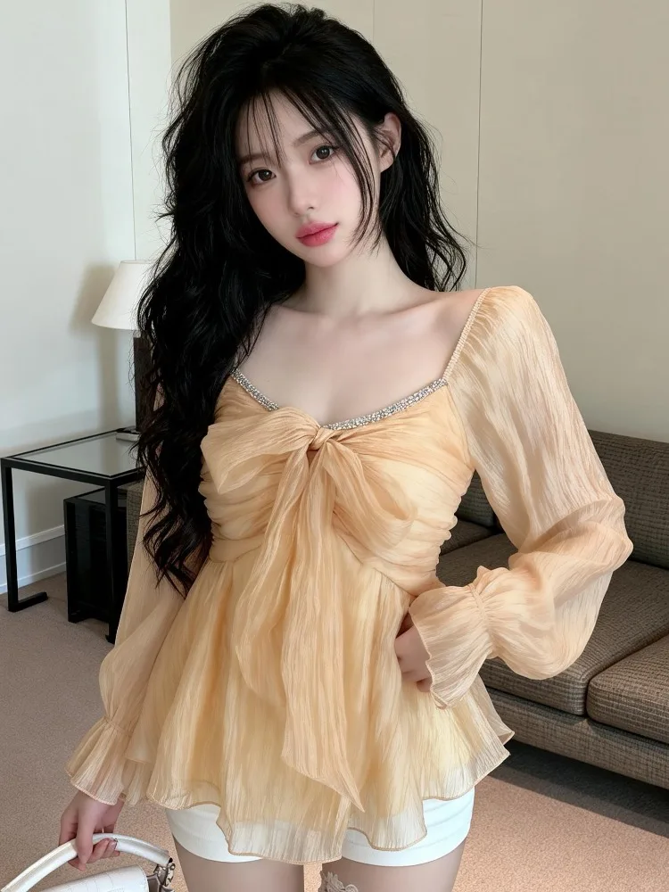 

Sweet Spicy Knot One Shoulder Long Sleeve T-Shirt Women's Spring Summer Loose Slimming Sun Protection Top