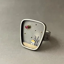 Vintage Huis Boom Hemel Inlay Steen Vinger Ringen voor Vrouwen Eenvoudige Gepersonaliseerde Niche Ontwerp Ring Vrouwelijke Partij Sieraden