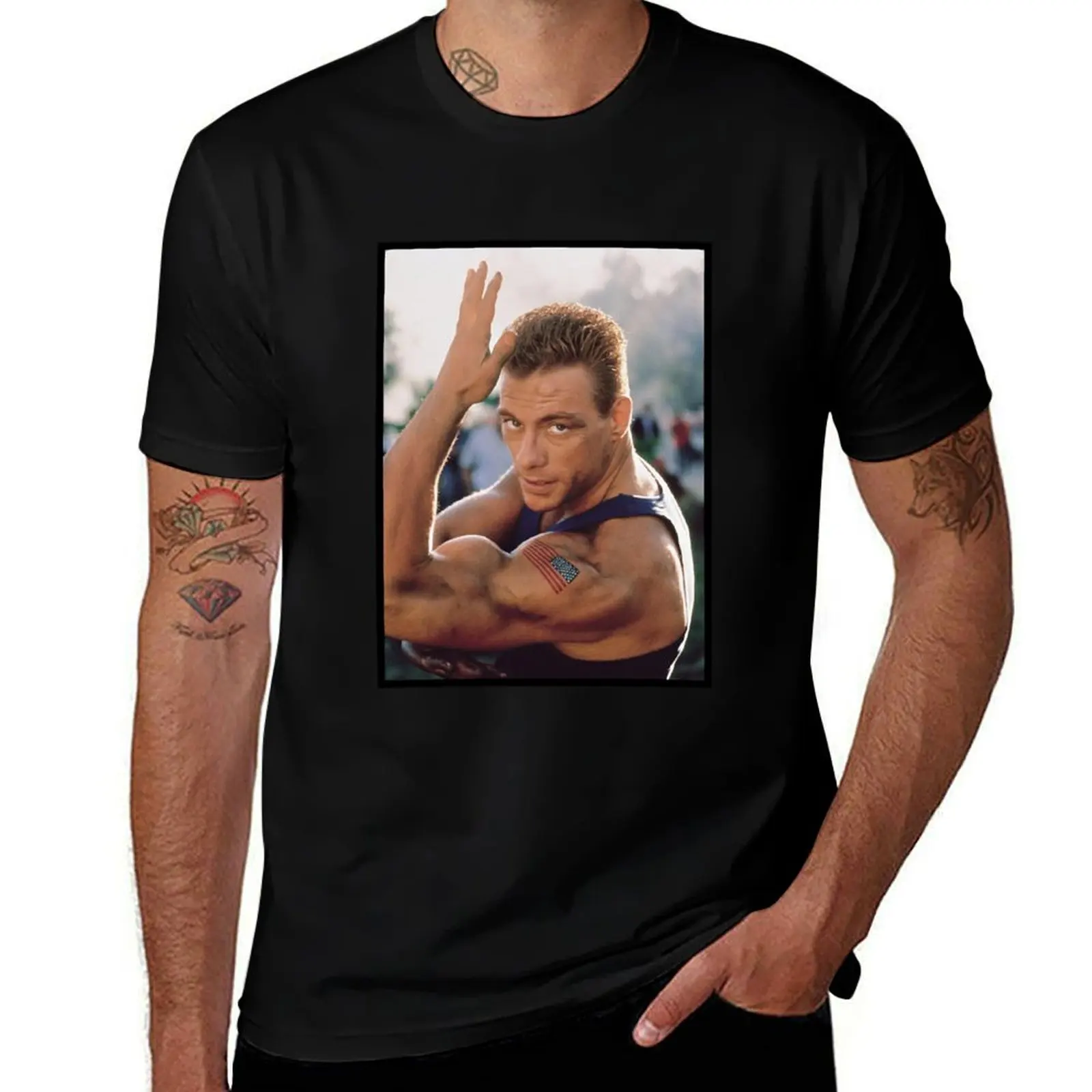 

Flag on hand of Van Damme T-Shirt man t shirts graphic printed t shirts for man t shirts for man graphic tees T-shirt