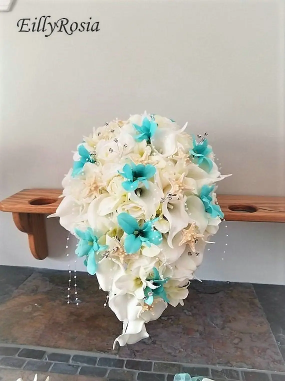 EillyRosia Cascade Bridal Bouquet Blue Orchid White Calla Lily Roses Pearls Starfish Boho Beach Wedding Bouquet Artificial