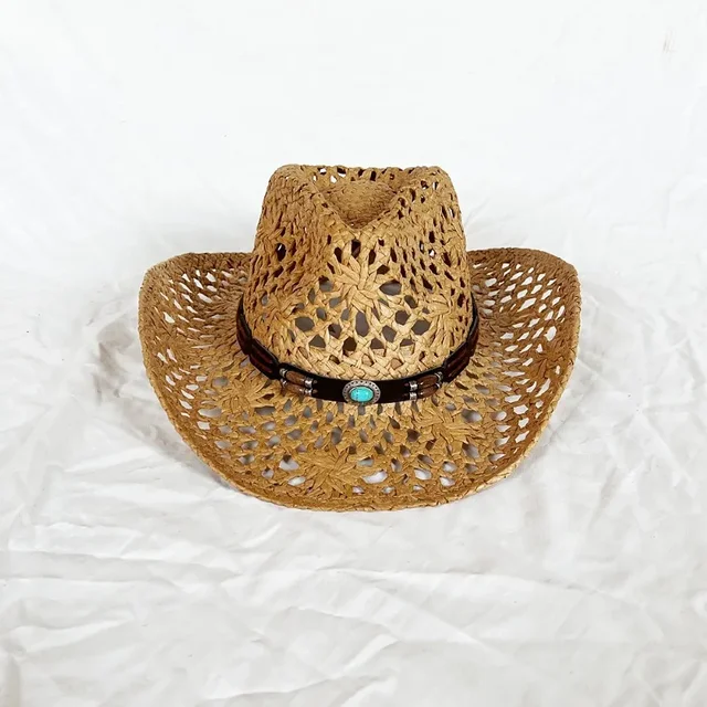 Letni damski męski etniczny styl Western Cowboy Słomkowy kapelusz w stylu punkowym Ręcznie robiony pusty kapelusz przeciwsłoneczny z zwijaną krawędzią Czapka plażowa z filtrem przeciwsłonecznym