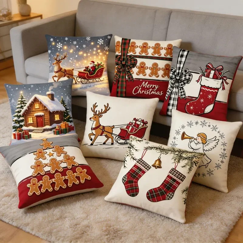 Cross-border Christmas pillow cover new elk socks snowman print cushion living room sofa decoration bed backrest