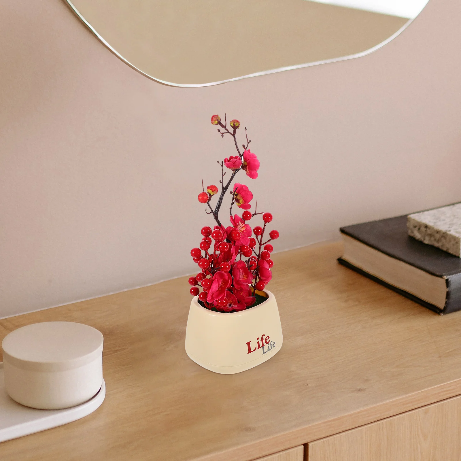 

Fake Plants for Office Desktop Artificial Bonsai Tree Small Potted Plants Decor Indoor Artificial Plum Blossom Tree with Fortune