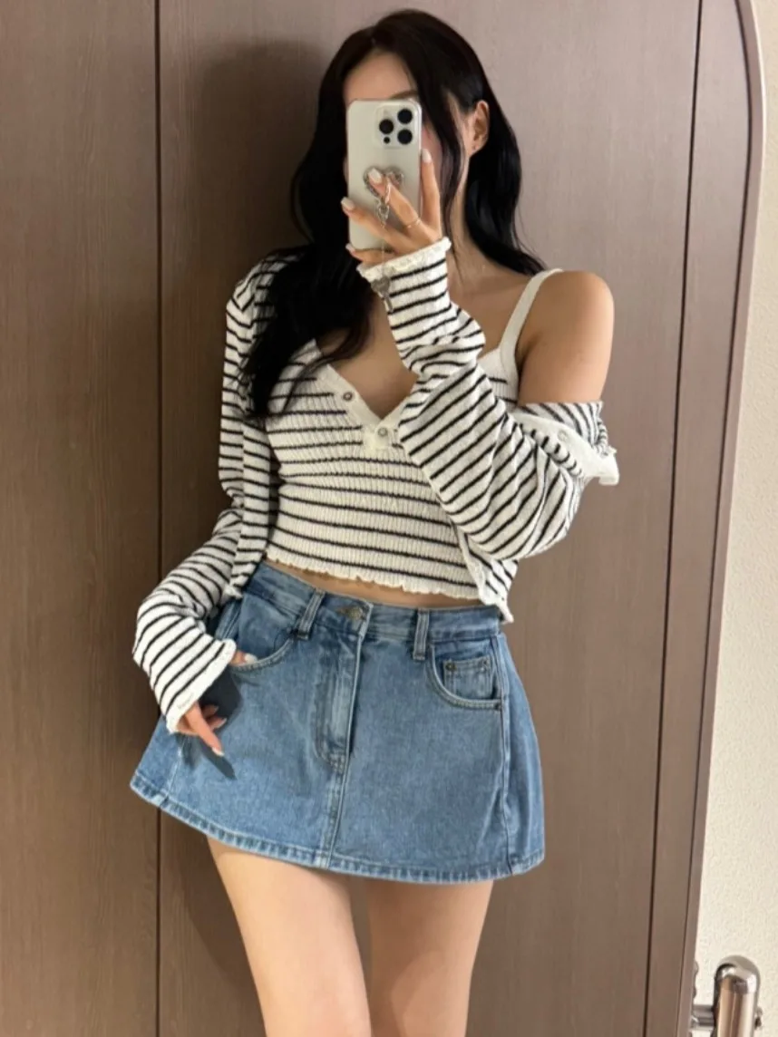 Dongda Gate Sweet Color Colion Wooden  Stripe Strap Vest Long Sve Pad oulder Small Open Cardigan Two-Piece Set