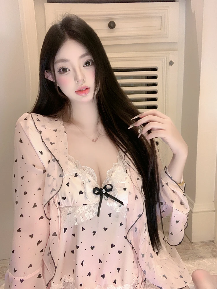 Korean  Sweet Girl Sexy Ice Silk Pajamas Love Printing Lace 2025 New Casual and Comfortable Loungewear Three-piece Set