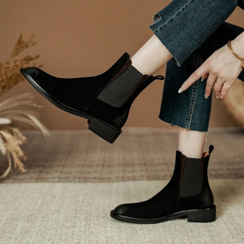 

2023 Retro Style Women Autumn Winter Genuine Leather Ankle Boots Office Ladies Med Heels Slip-on Black Brown Short Chelsea Boots