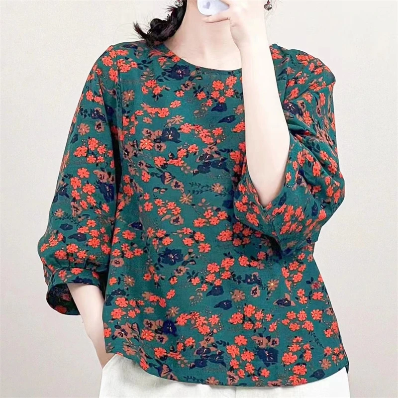 Women Vintage Ethnic Style Print Cotton Linen Blouse Casual Round Neck Three Quarter Sleeve Loose Tops Harajuku Blusas Femininas