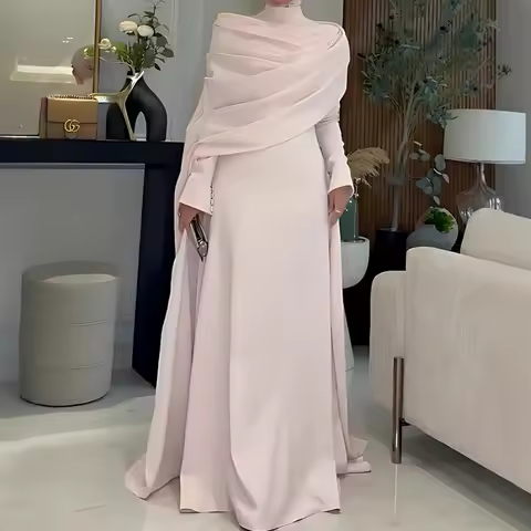 2025 Pink Modest Abaya Dress Women's High Neck Long Sleeve Wrap Design Formal Evening Gown Muslim Elegant Maxi Dress