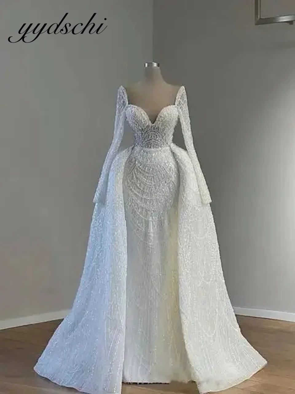 تخصيص اللؤلؤ الفاخرة حورية البحر فستان الزفاف الدانتيل الخرز الحبيب يزين 2025 كامل الأكمام انفصال قطار زي العرائس