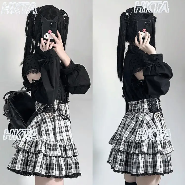 

Japanese Style Ground Buds Summer High Waist Double Plaid Versatile Skirts Women Rhinestone Ruffle Edge Waist A Line Black Skirt