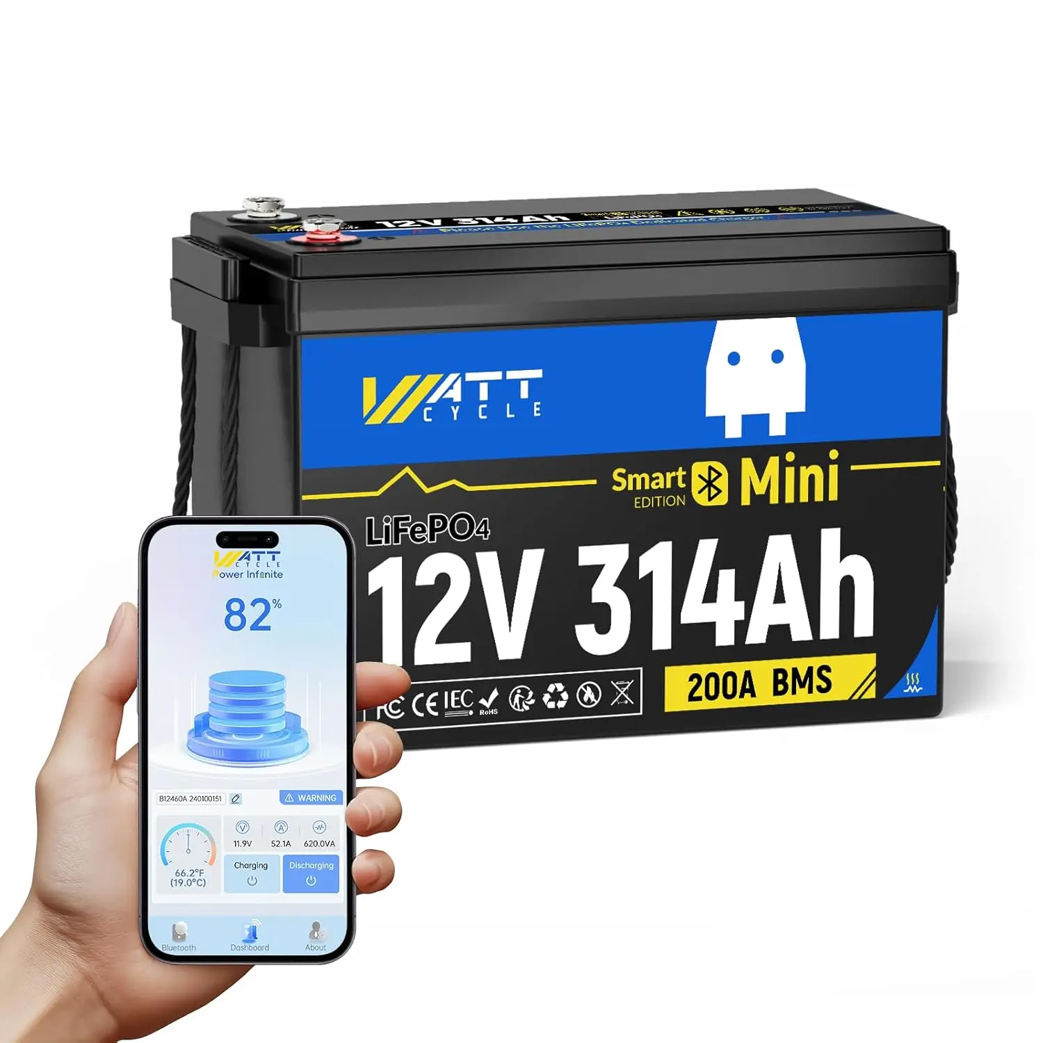 

Аккумулятор LiFePO₄ 12В 314Ач, миниатюрный, самонагревающийся, с BMS 200А, мониторинг через Bluetooth-приложение, компактный, настраиваемый