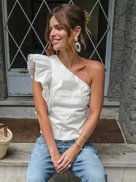 

Retro Sle ort oulder Bared Vest Women's Faion Design Neline Lace Trim White Versatile Summer Top Svel Regular...