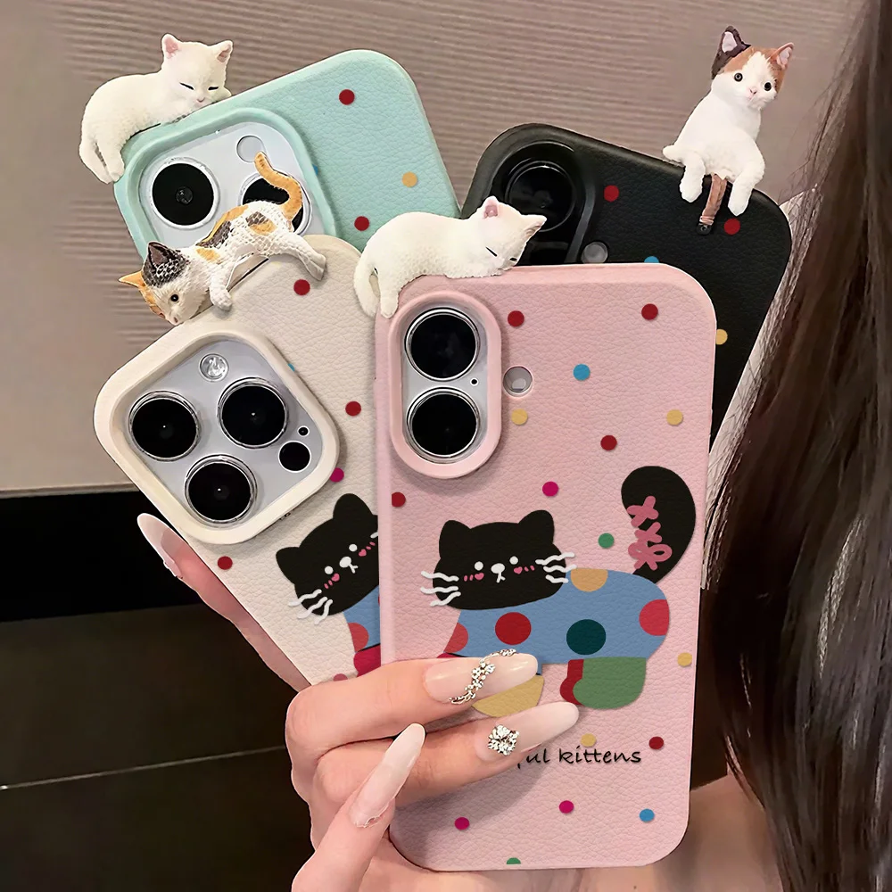 

Красочный кожаный чехол для телефона с милым котом для iPhone 17, Pro Max 11, 16, 15, 12, 13, 14 Plus, мягкий противоударный чехол с 3D лежащим котом, принципиально