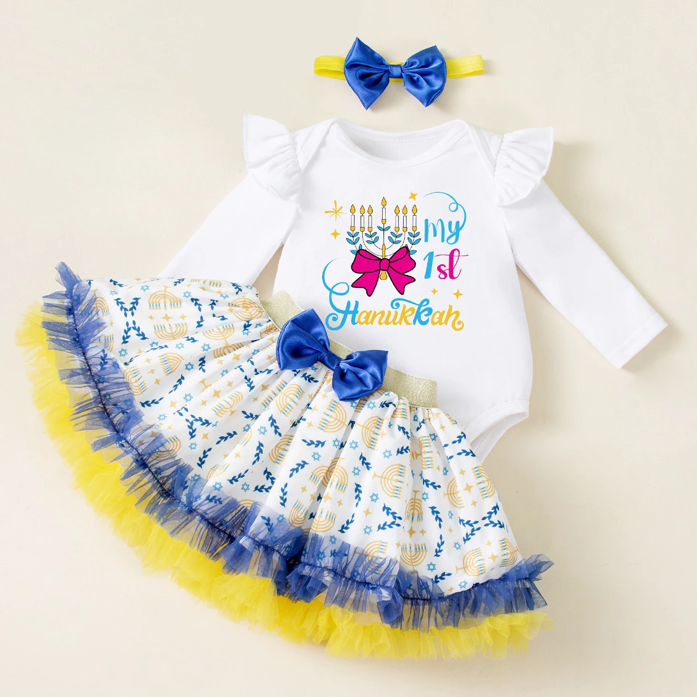 

Newborn Girl First Hanukkah Ouffit Flying Sleeves Bodysuit with My 1st Hanukkah Menorah Skirt Bow Headband Litter Girl Clothes
