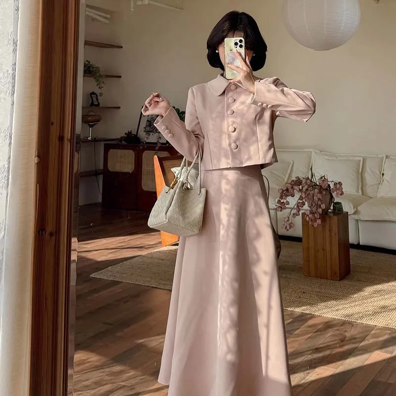 Early Korean Style Rich Girl Jacket Skirt Set Two Pieces with  Retro Fashion Women's Autumn Collection Polyester Long S...