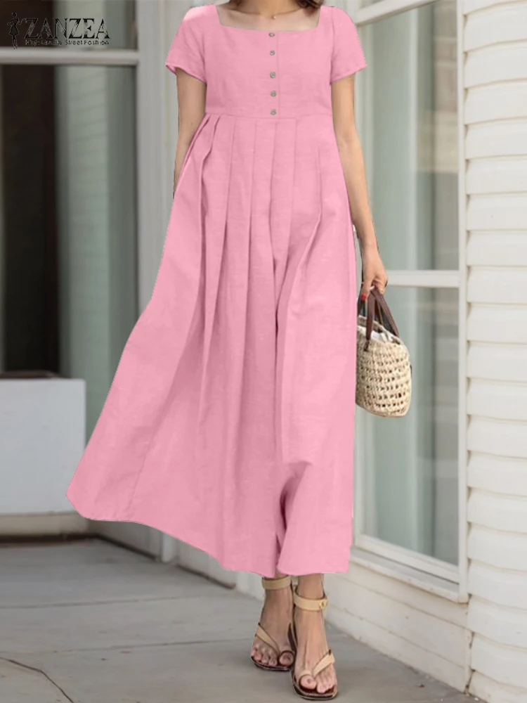 

ZANZEA 2025 Women A-line Midi Pleated Dresses Elegant Square Neck Short Sleeve High Waist Robes Femme Summer Comfort Everyday