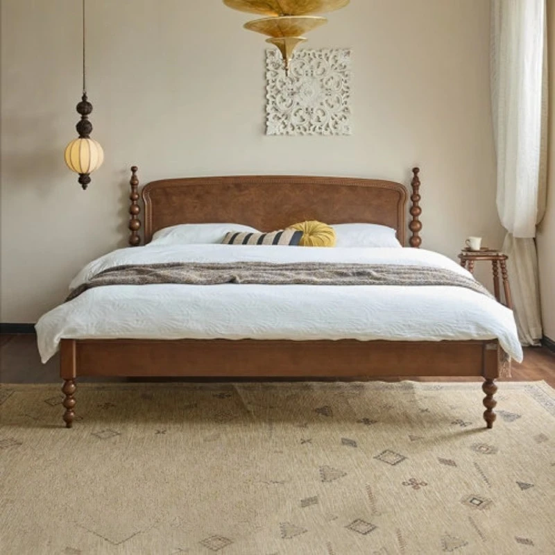 

French solid wood bed, mid-century high-end full solid wood 1.8 meters master bedroom double bed, cherry wood low bed screen