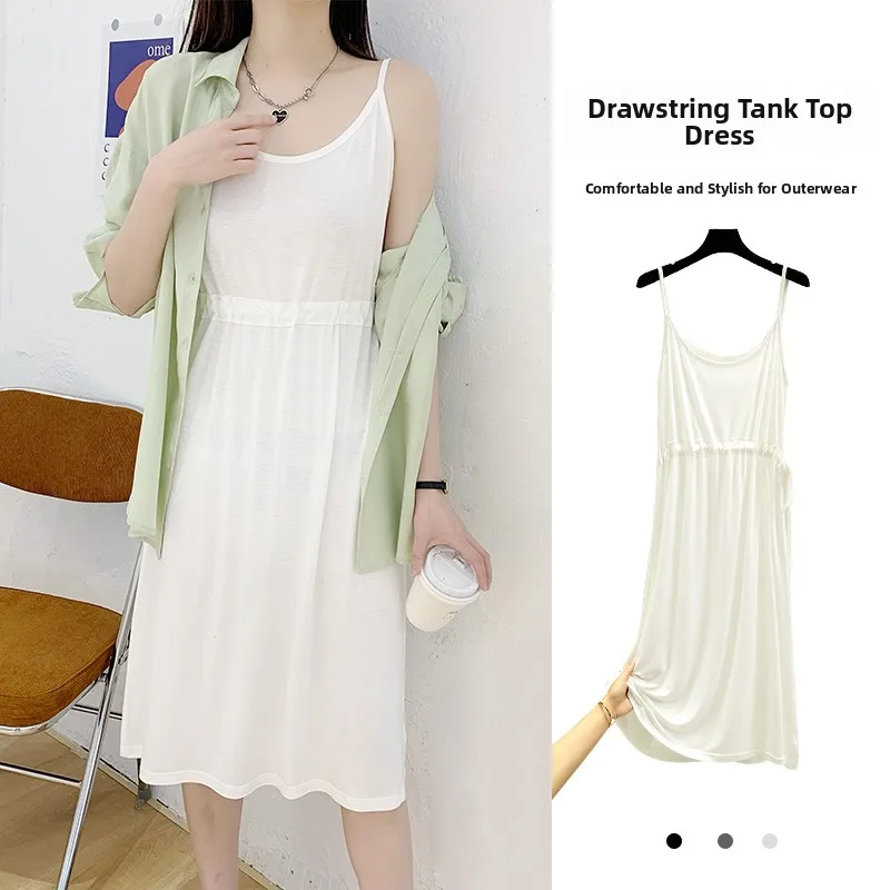 Modal Drawstring Casual Summer Dress Thin round Neck Sleeveless Loose plus Size Long Gown Women's Fashion Comfortable Clothing