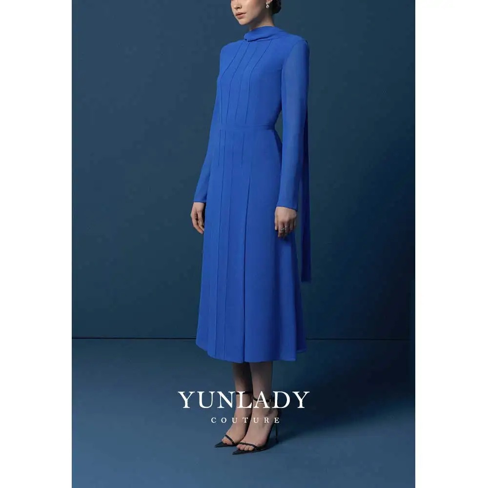 YUNLAN Elegant Blue Ladies Long Sleeve Chiffon Evening Dress Mom 2024 Saudi Wedding Guest Long Sleeve Midi A-Line Party Dress