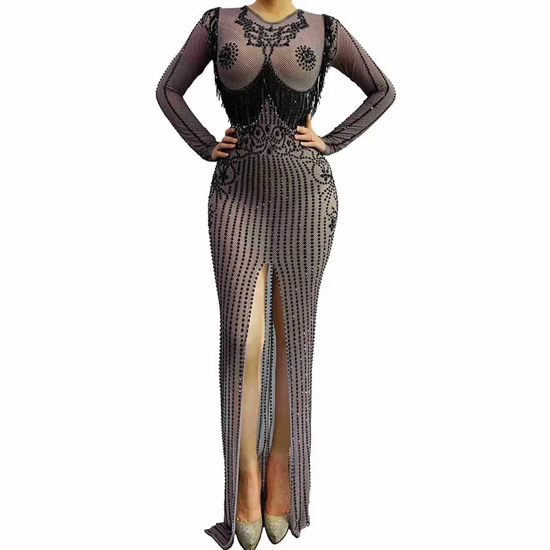 

Black Rhinestone Evening Dress Frmale Gogo Nightclub Birthday Outfit Singer Host Stage Performance High Slit Party Dresses yj132