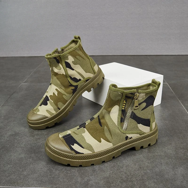 ソフトソールメンズ迷彩安全靴ハイカットサイドジッパーキャンバスアウトドアフィッシング厚底滑り止め耐摩耗ブーツ