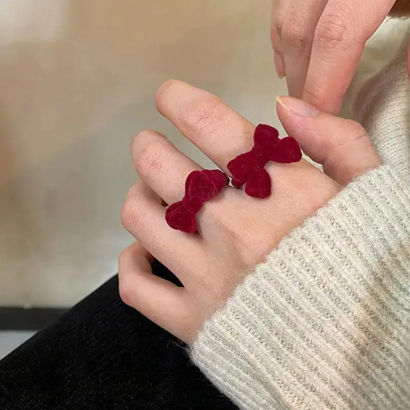 Fashion Cute Bow Flocked Open Adjustable Ring For Women Girls Engagement Party Travel Chic Matching Romantic Jewelry Accessories