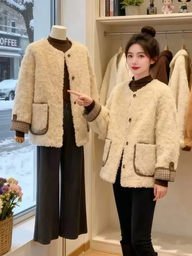 

Lamb Fur ort Jaet Women's Thiened Faionable Retro Design Winter New Arrival Light Luxury Loose Fit Warm round Ne Bu...