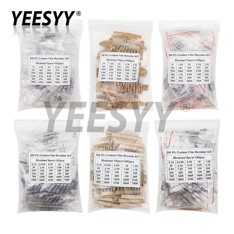 

150PCS 300PCS 1W 2W 3W 5W Carbon Film Resistor Assortment Kit 5% Resistance Set 30Kinds 0.1-750 ohm 1K-820K DIY components