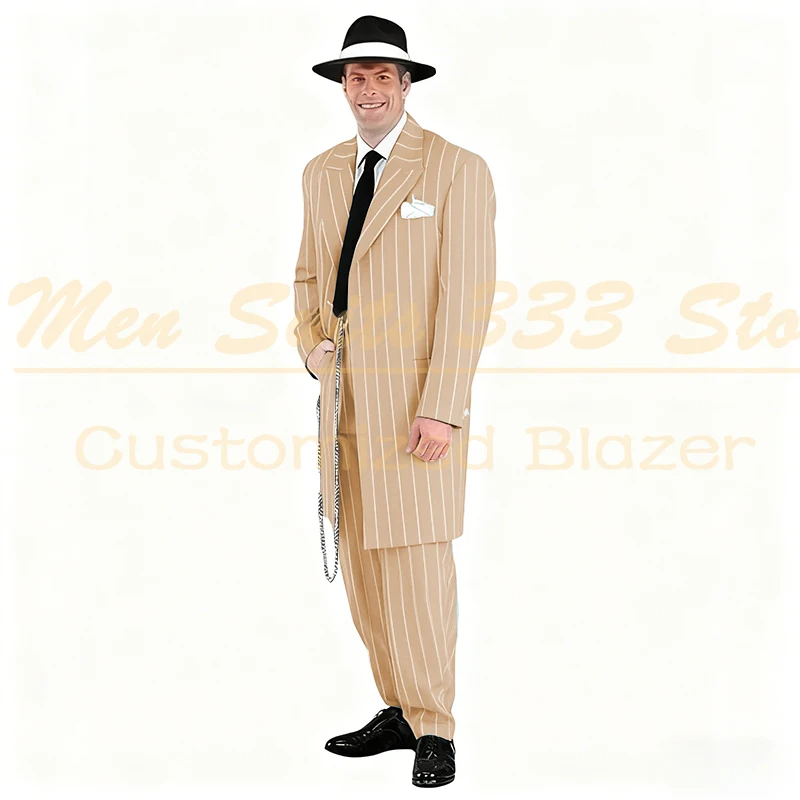 Mode krijtstreep herenpakken elegante enkele rij knopen notch revers lange blazer formele gelegenheid dagelijkse reis 2-prijs jas broek