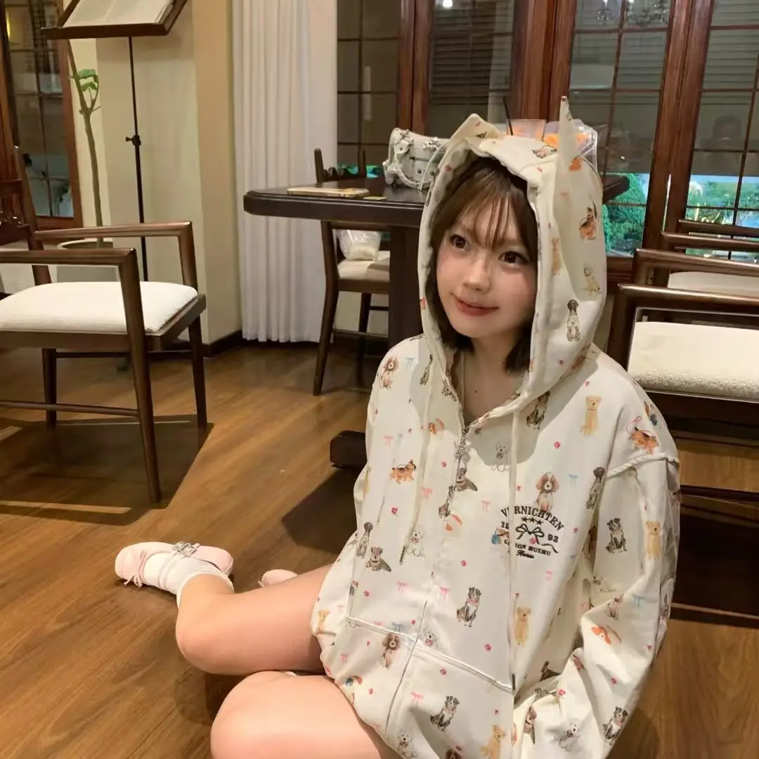 

American Dog Full-Print Hooded Sweatshirt Cardigan Women Autumn Winter New Loose Casual Design Jacket
