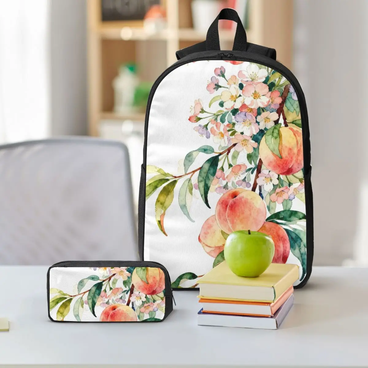Elegant Floral And Peach Backpack Boys Girls BookBag School Bag Shoulder Bags 3ps Insulated Lunch Bag Pencil Case