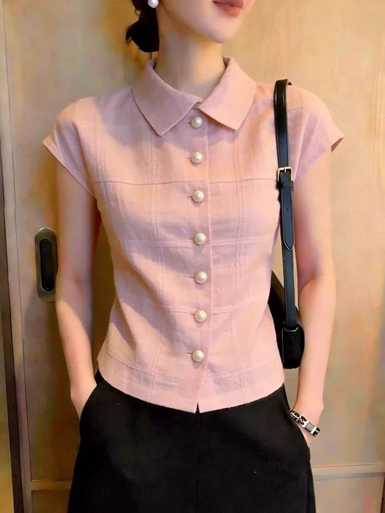 Summer Slim Pink Shirt Women Elegant Pearls Buttons Vintage Cute Blouse Sweet Short Sleeve Female Retro Single Breasted Ins Tops