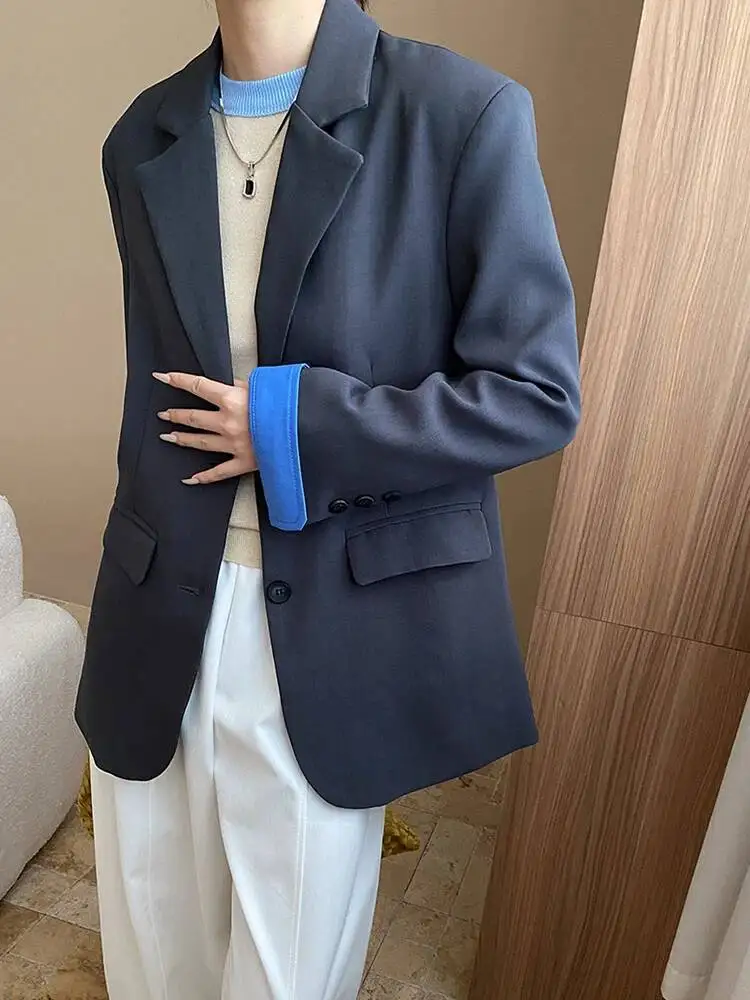 

[EAM] Women Gray Blue Color-block Big Size Elegant Blazer New Lapel Long Sleeve Jacket Fashion Tide Spring Autumn 2025 1DJ3789