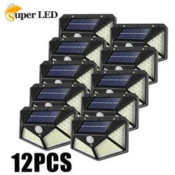 2/4/8/12PCS 100 LED Solar Wall Lamp 4 Sides Luminous Motion Sensor Decor Lights Outdoor Garden Courtyard Waterproof Wall Lights